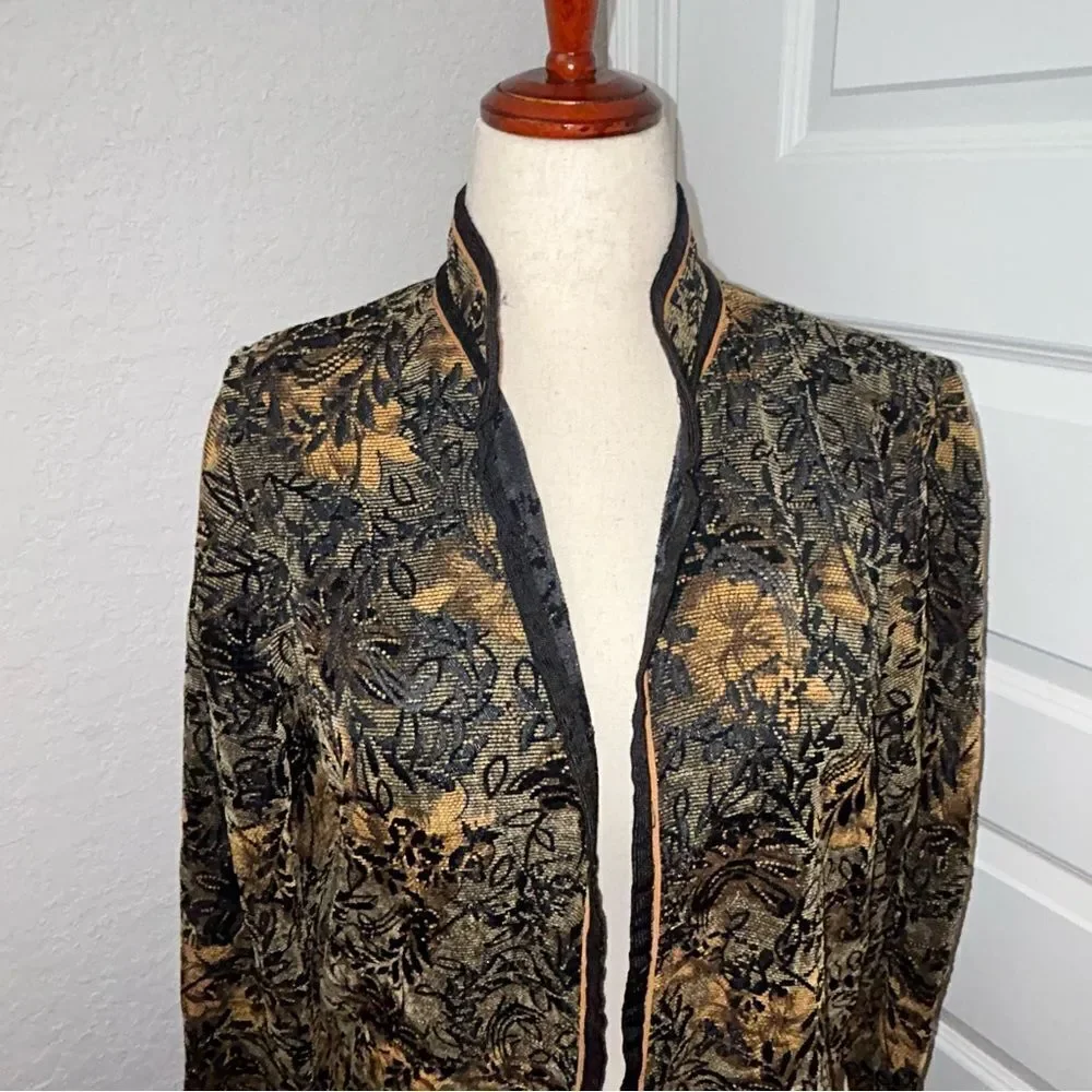 Vintage Coldwater Creek Open Front Jacquard Tapestry Long Sleeve Jacket Coat